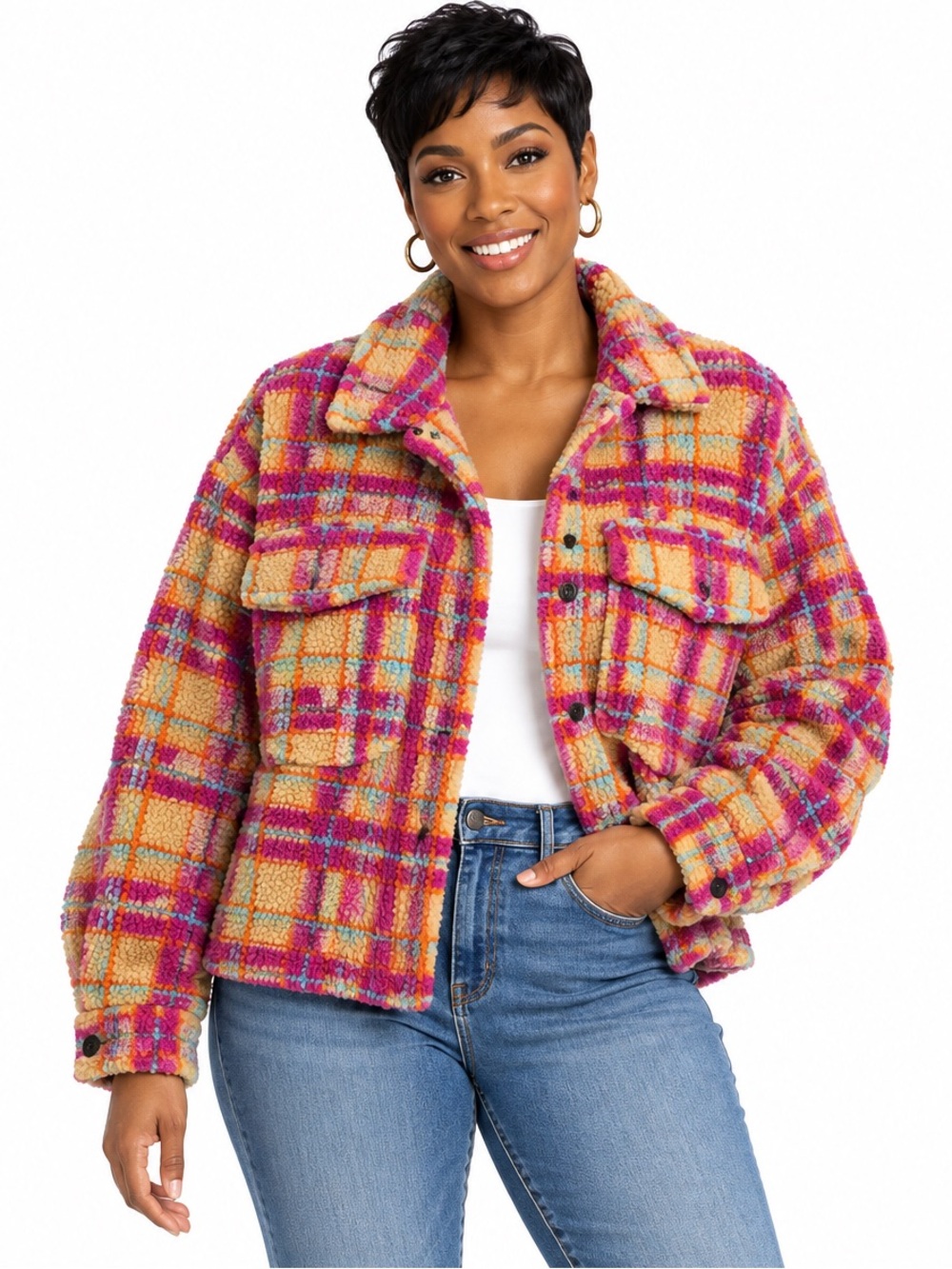 LUCCA Jacket Size L Pink Tan Blue Plaid Teddy Sherpa Oversized Shacket